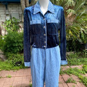 Vintage d. Frank Blue Velour and Denim Jumpsuit